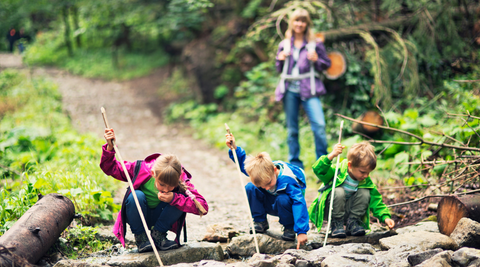 children on a hike dressed in hiking gear