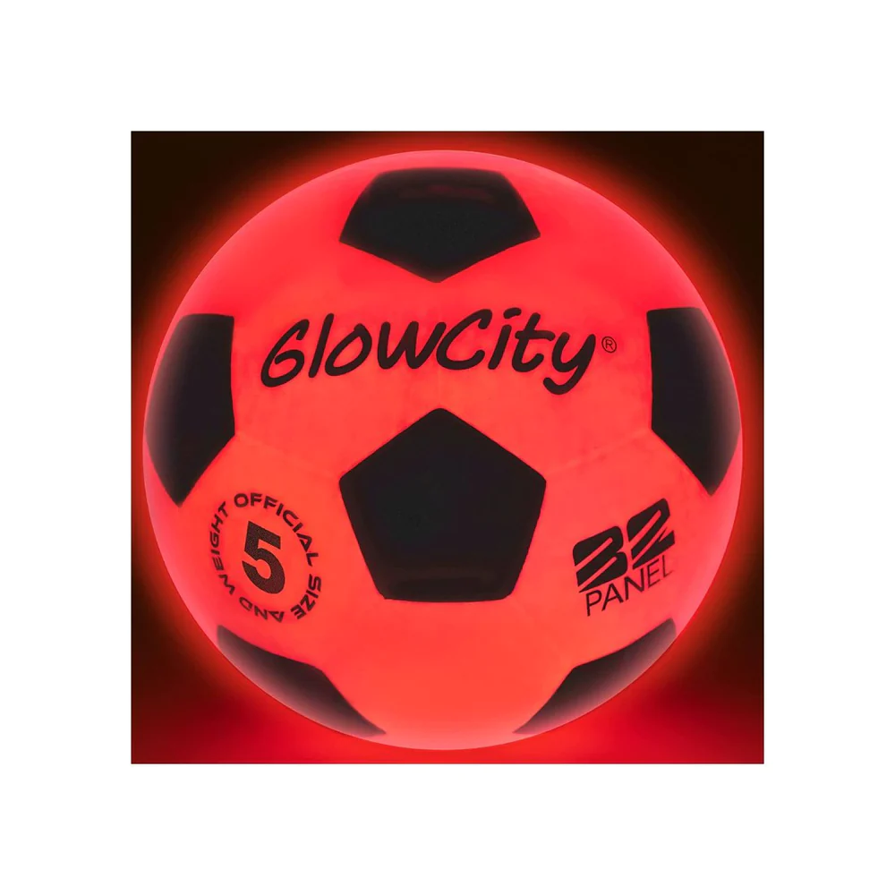 The GlowCity soccer ball with a warm red light.
