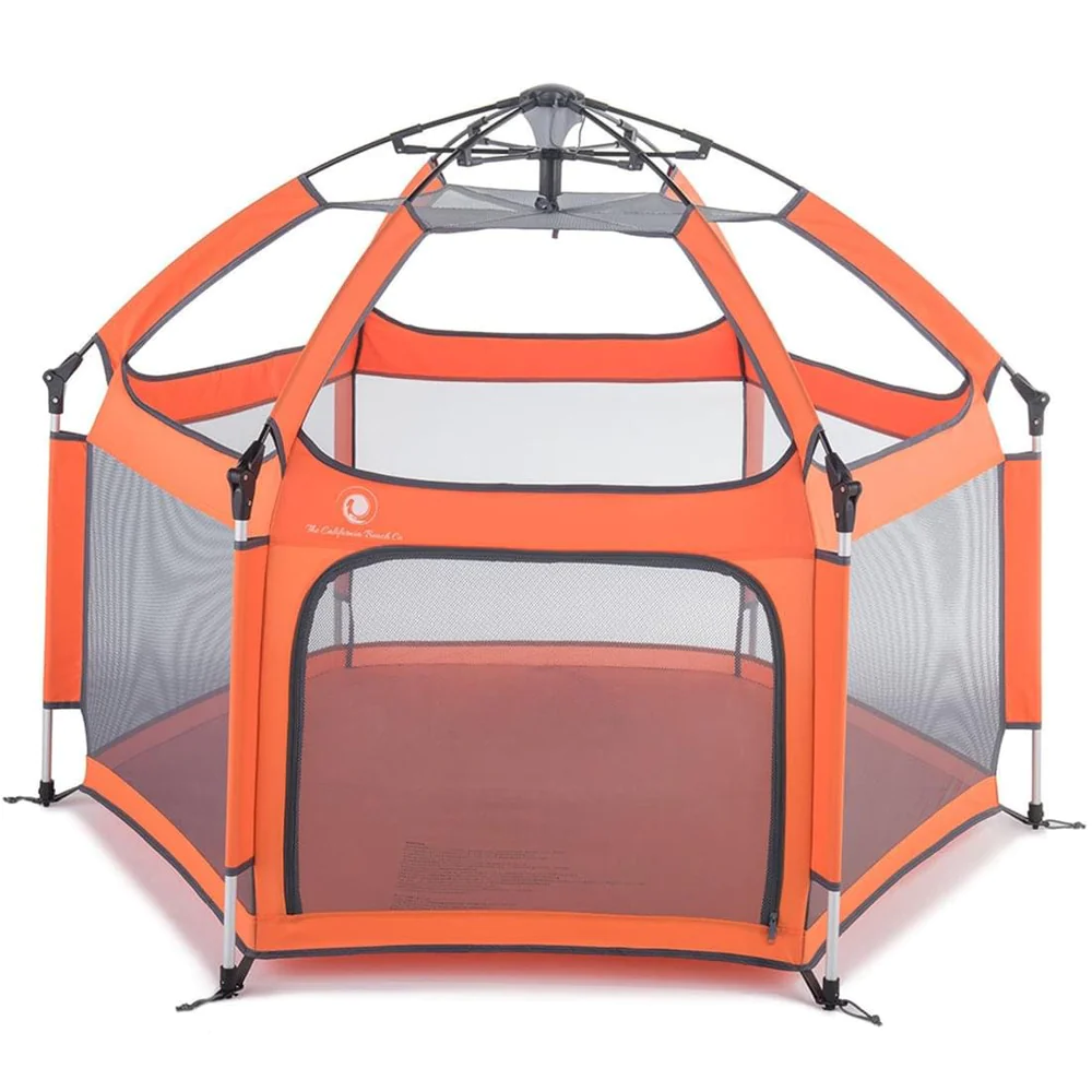 The tent-like Pop 'N Go Playpan in Sunset Orange, one of four colors.