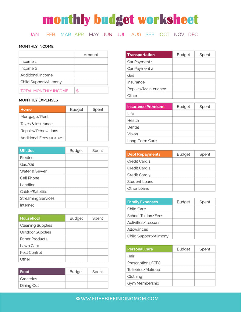 household budget forms free printable