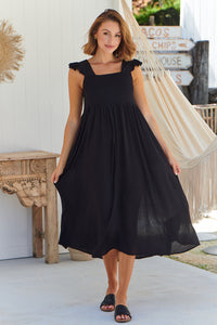 Raquel Frill Shoulder Shirred Bust Black Midi Dress