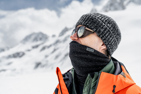 mat schaer with his glacier optics moiry sunglasses filming for saleinaz base camp on the glacier in the swiss alps