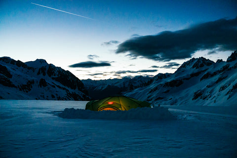 expedition Saleinaz base camp, sleep under tent in the mountains