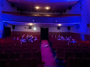 Bild von der Kinoleinwand aus gemacht: Team feey in einer privaten Kino-Vorstellung.
