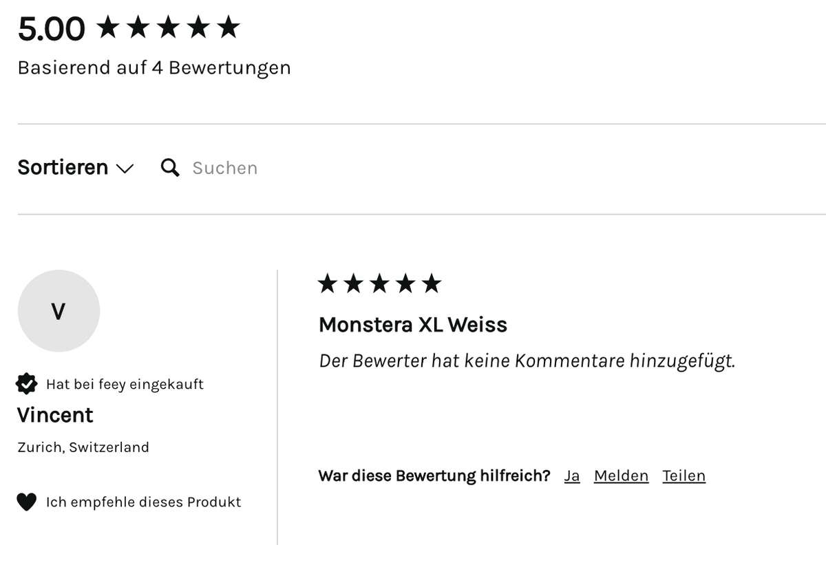 Screenshot der 5-Sterne-Bewertung einer Monstera XL Weiss von Vincent, einem verifizierten Kunden von feey