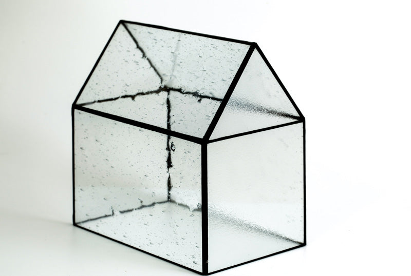 Viereckiger Glaskasten mit Glasdach und schwarzen Latten