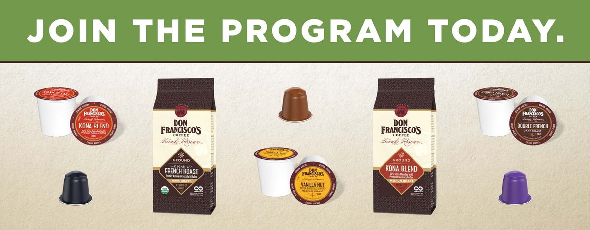 Don Francisco's' Coffee Recycling Program for Espresso Capsules, Coffee Pods, and Coffee Bags. Join the Program Today.