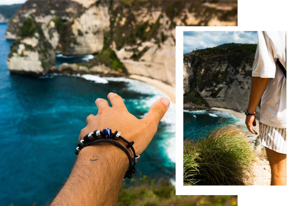 Jason standing in front of Diamond Beach, Nusa Penida wearing his El Camino travel memory Bracelet