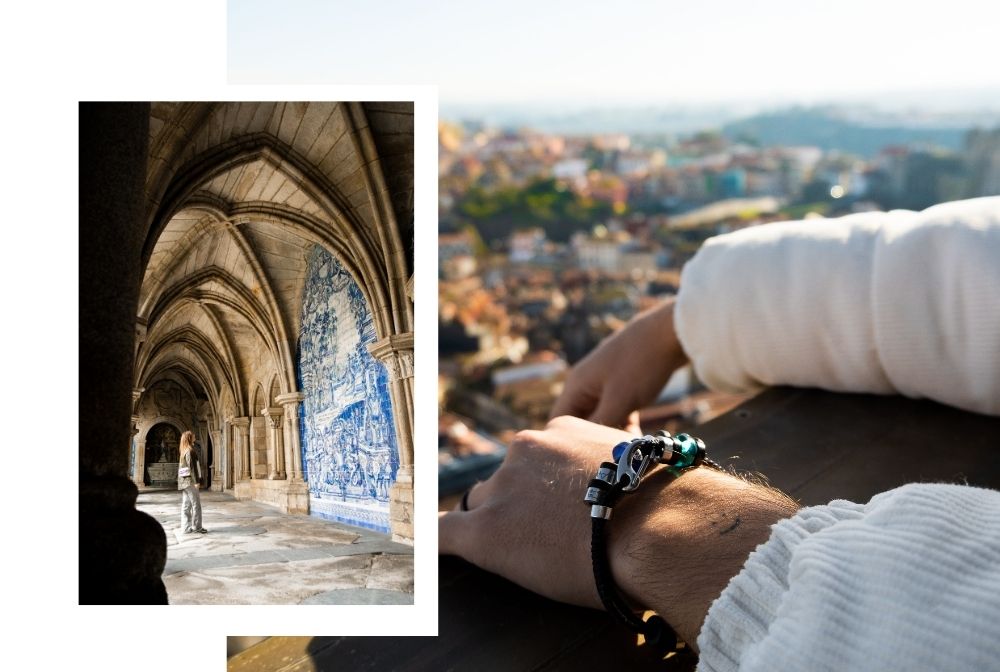 Two arms wearing El Camino Bracelets, leaning on a ledge overlooking the Porto skyline.