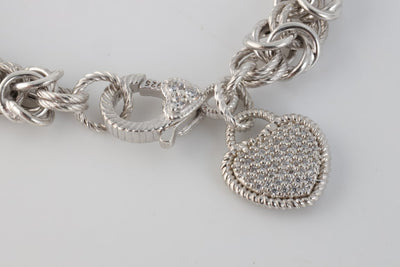 7” Judith Ripka 925 Silver Cubic Zirconia 2.03ctw Heart Charm Bracelet (20.2g)
