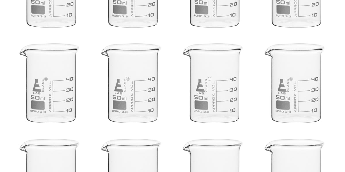 12pk Beakers 50ml Low Form White Graduations Borosilicate Glass — Hbarsci 0935