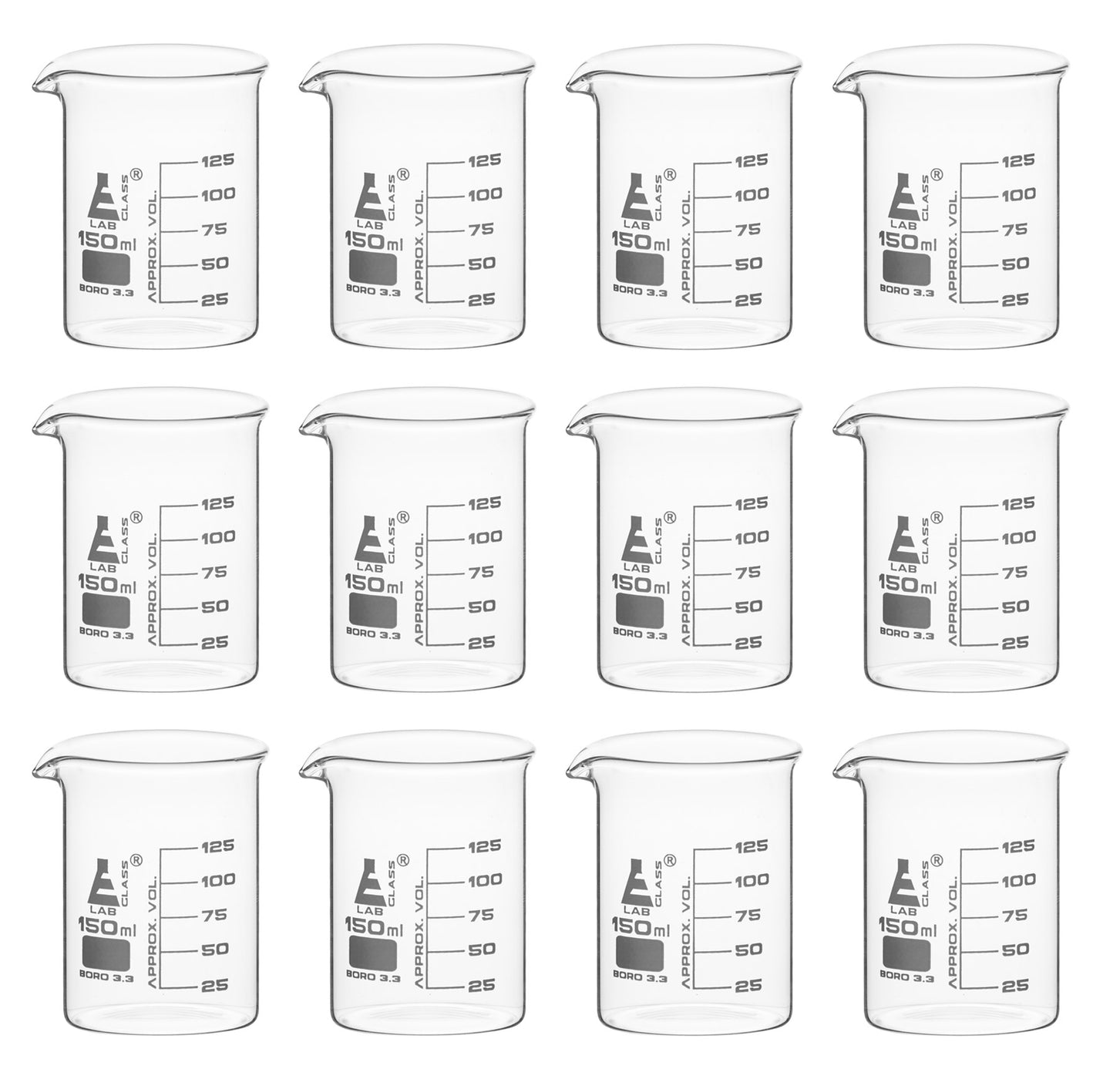 12pk Beakers 150ml Low Form 25ml Graduations Borosilicate Glass — Hbarsci 7137