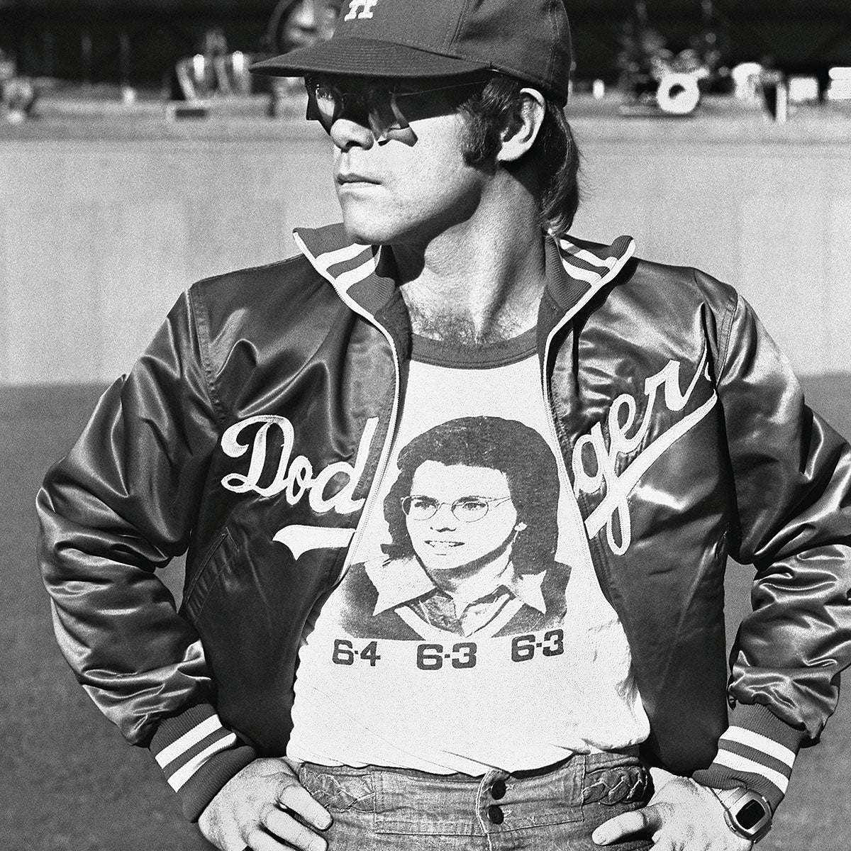 Elton John wearing a Billie Jean King tee after she beat Bobby Riggs