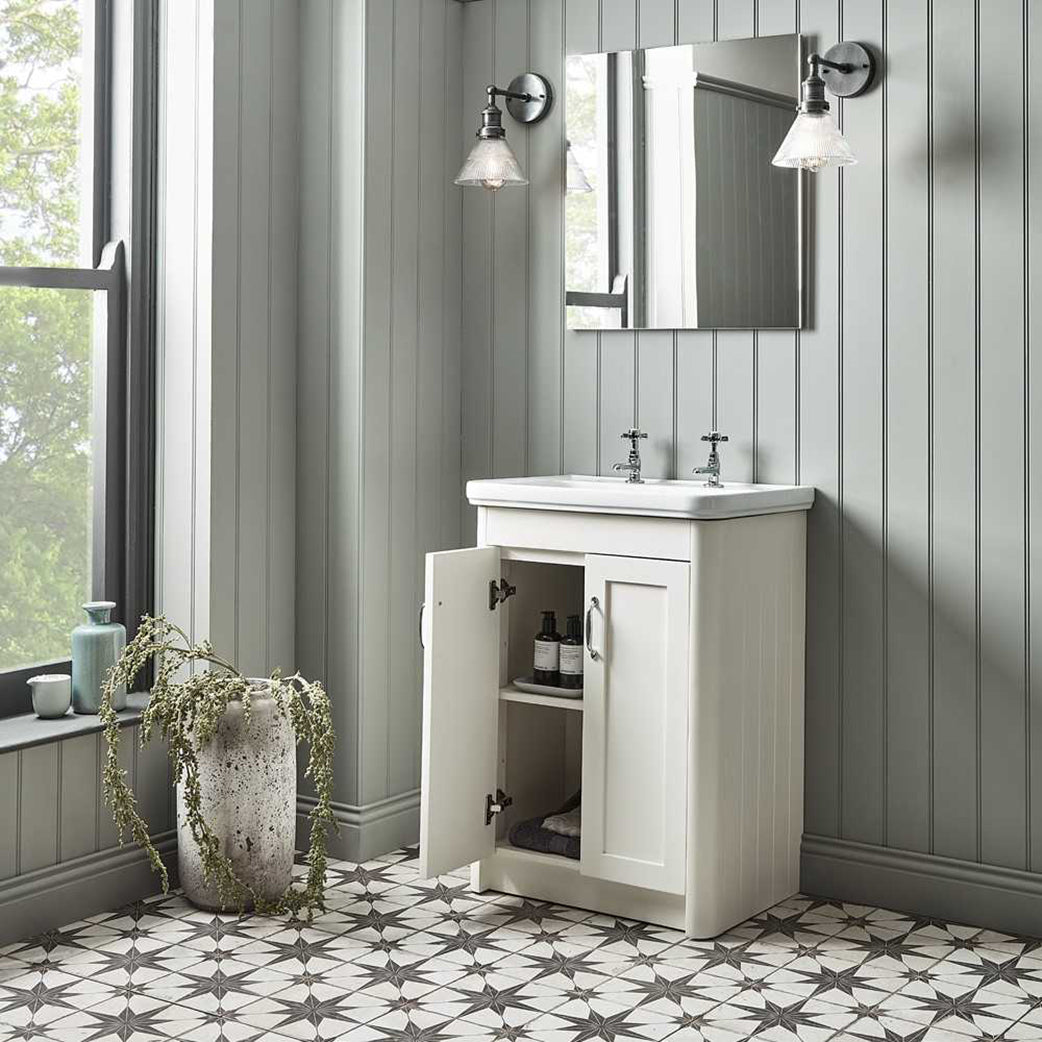 Glass lights in a light grey bathroom