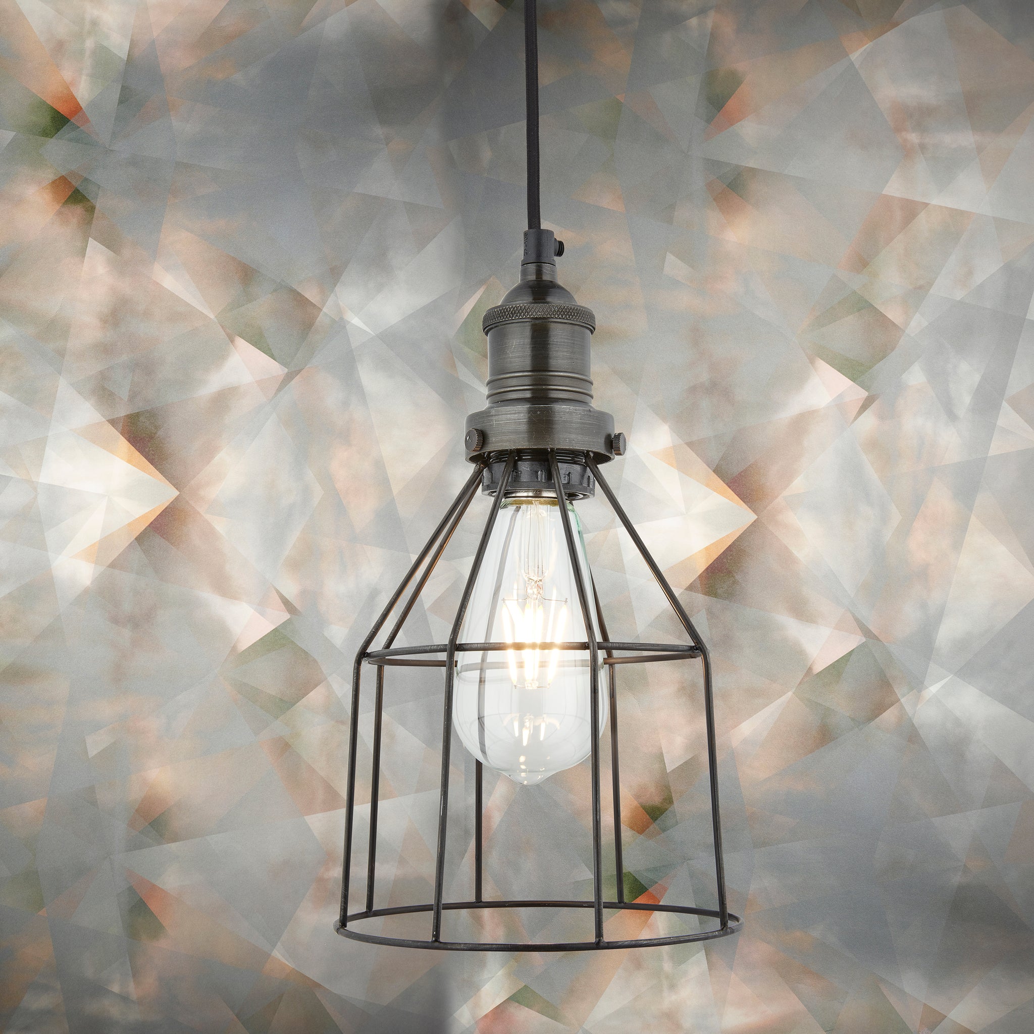 Industrial light with funky wallpaper 