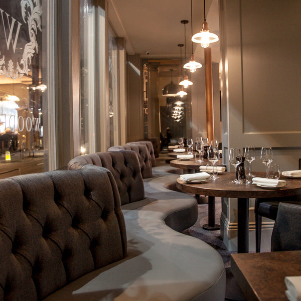 Restaurant interior with glass pendant lighting