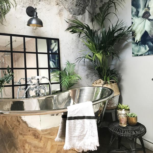 Home bathroom interior with chrome bath, plants and industrial wall light