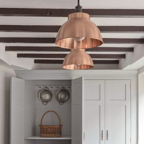 Copper flush mounts in a rustic interior decor