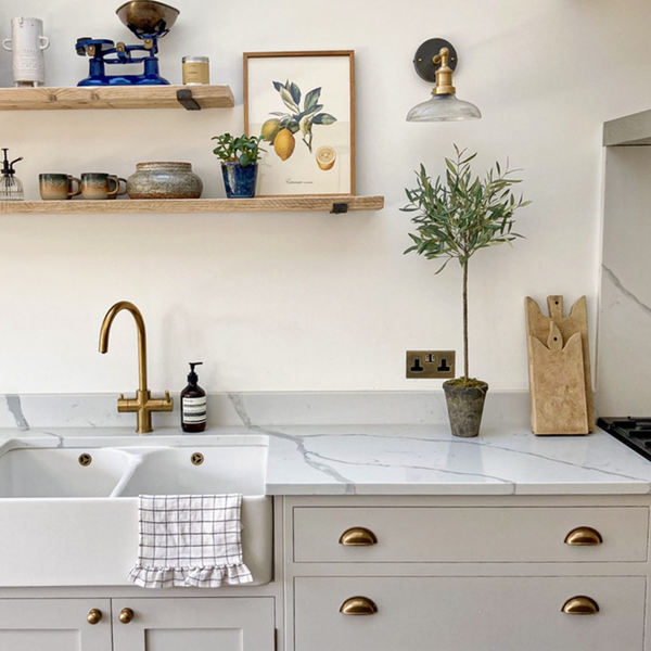 White marble counters in a modern farmhouse kitchen