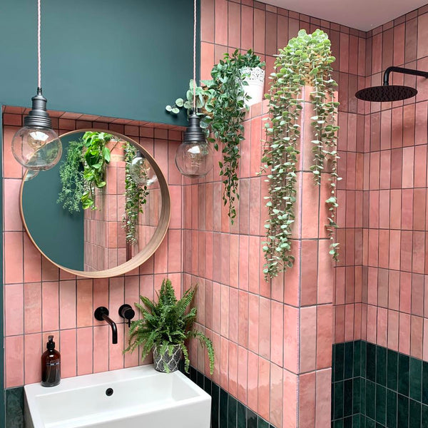 A pink and green bathroom with hanging plants