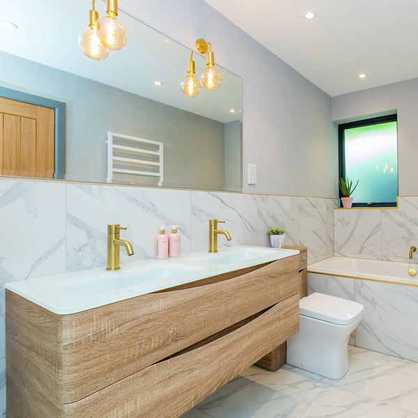 Bathroom with large sink and long horizontal mirror