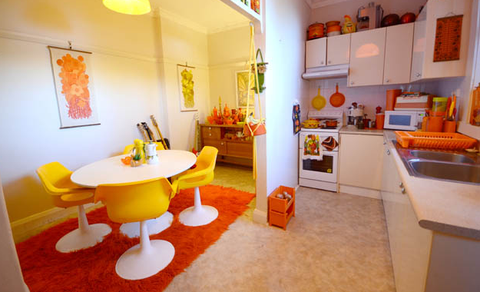 vintage designed kitchen area with bright industrial lights