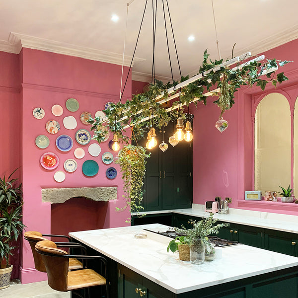 A pink kitchen with hanging plants and lighting by Industville