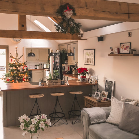 A wooden interior design with Christmas tree