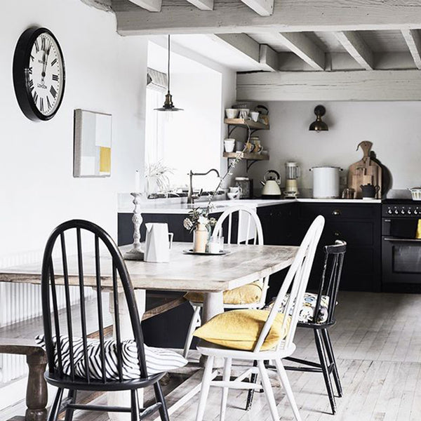 A kitchen with grey and yellow details