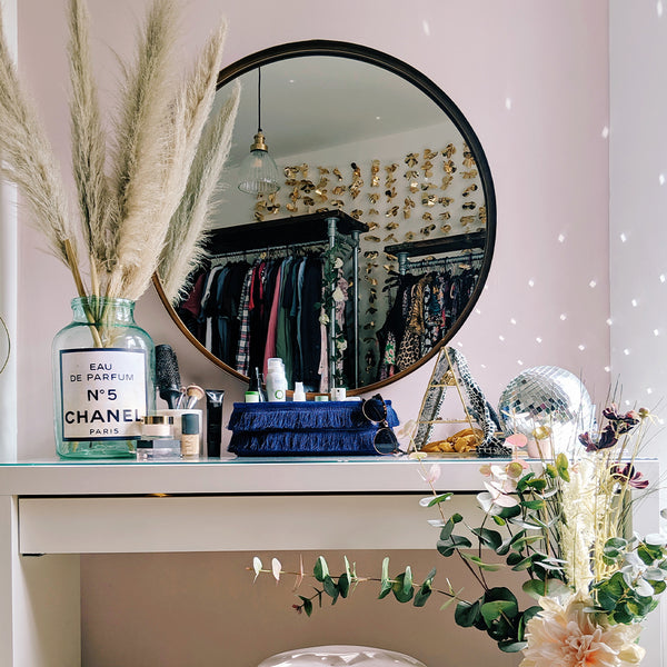 A maximalist bedroom dressing table with glamorous features