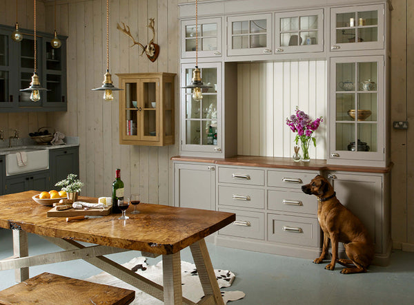 Neutral kitchen interior with industrial lighting