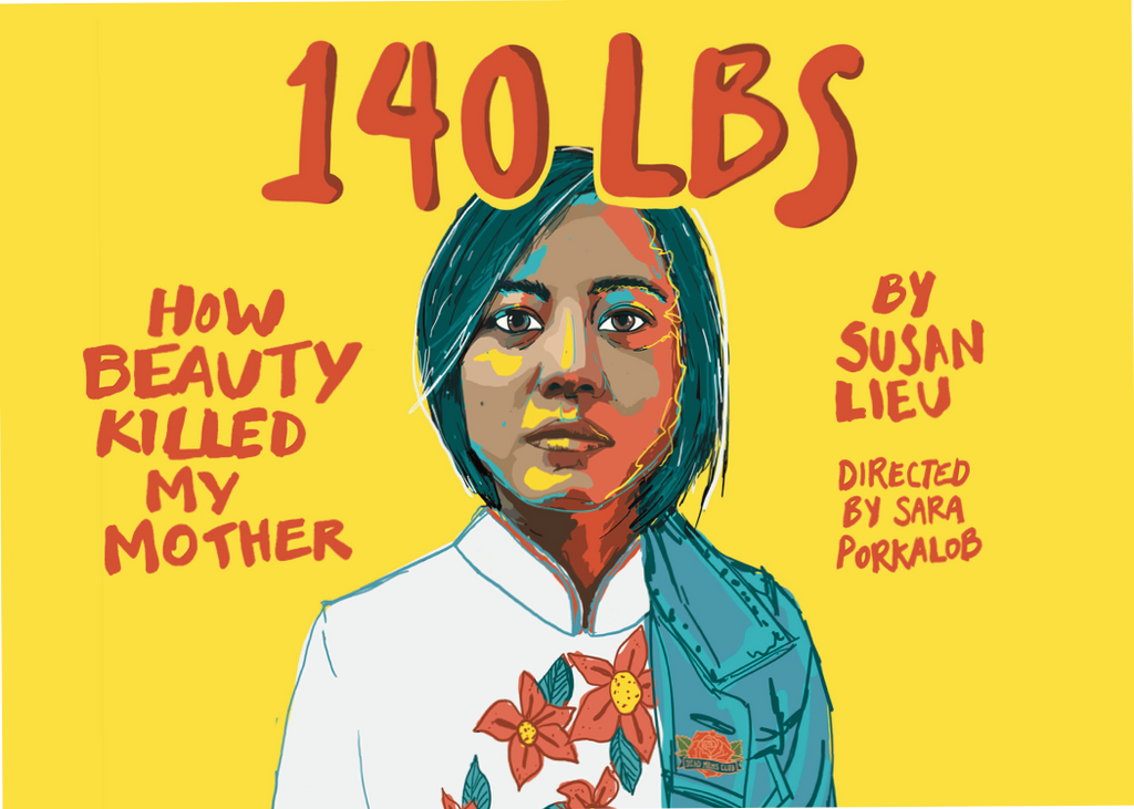 Cover illustration of the poster for the play "140 LBS: How Beauty Killed My Mother."
