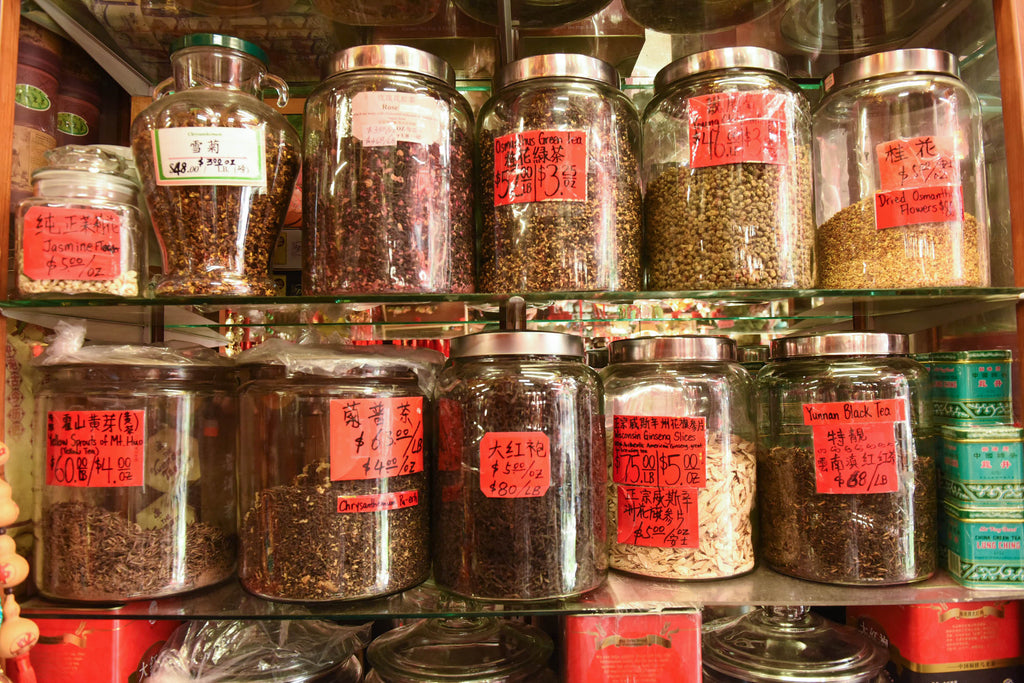 Jars of teas and herbs at Grand Tea & Imports in Chinatown in NYC.