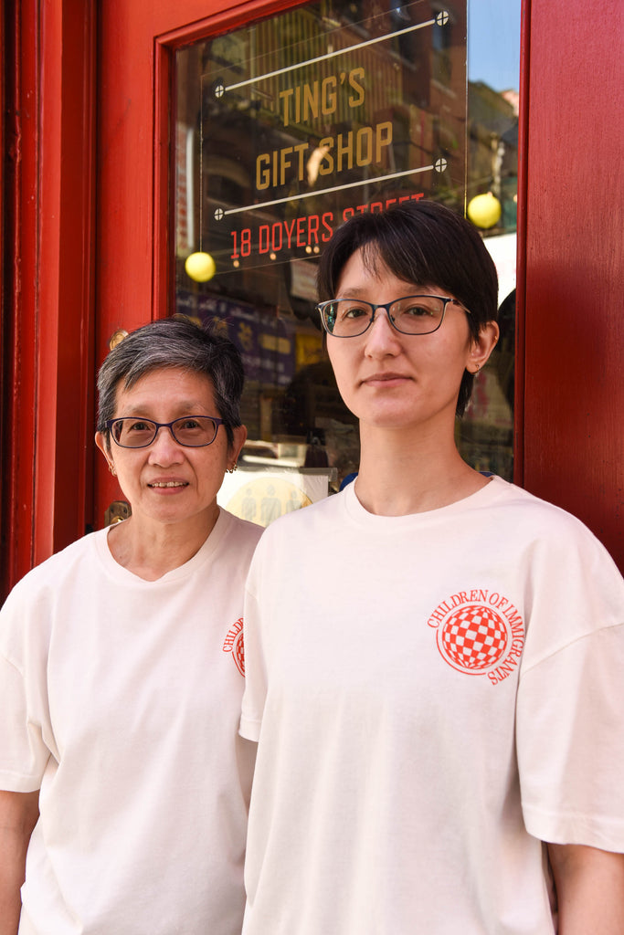 Mother-daughter owners of Tings Gift Shop in Manhattan Chinatown stand outside of their shop. 