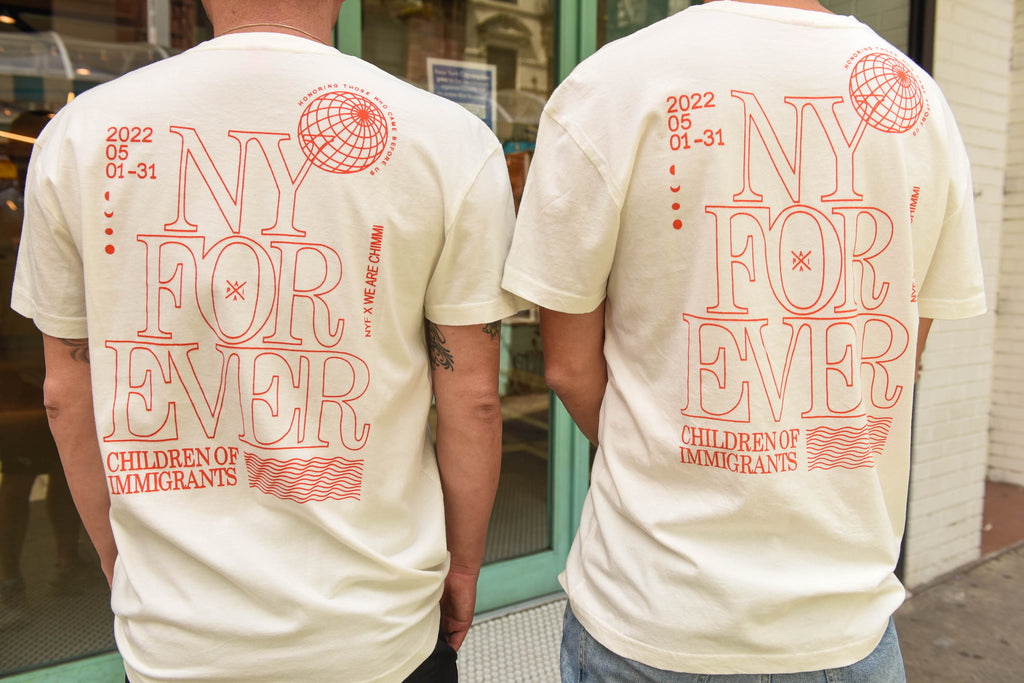Back shots of founders of Milk & Cream Cereal Bar in our NY Forever x WE ARE CHIMMI Collaboration t-shirt. 