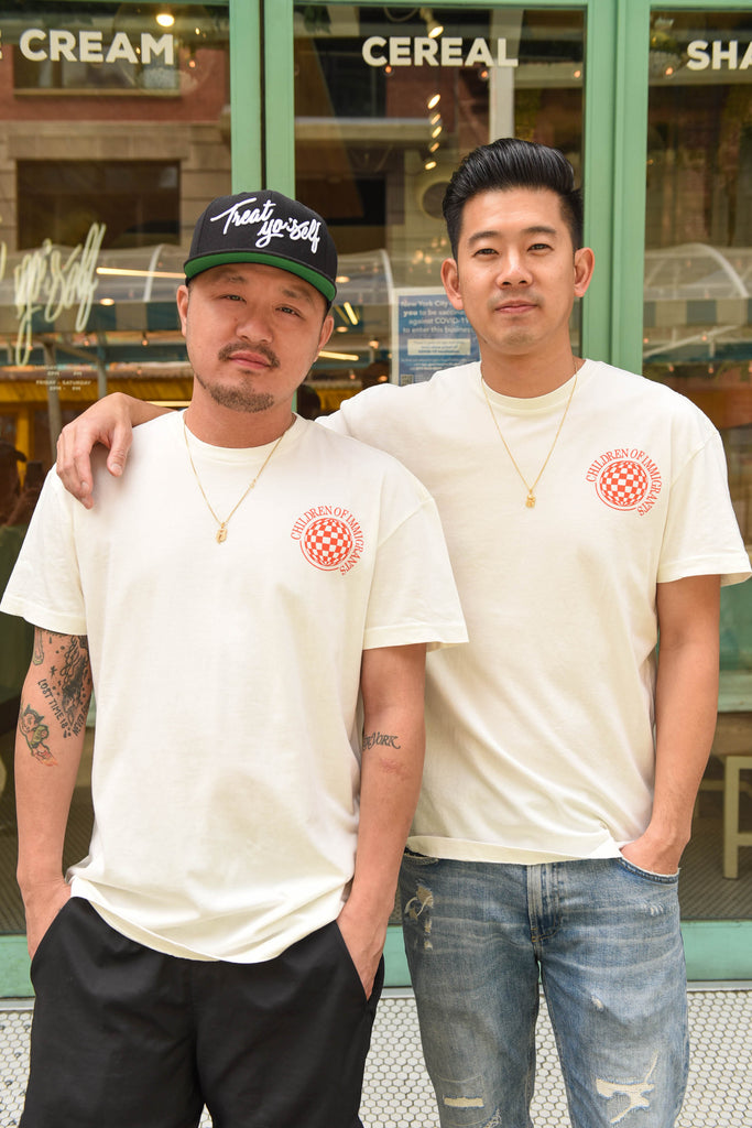 Childhood friends and owners of Milk & Cream Cereal Bar in NYC Chinatown wearing our NY Forever x WE ARE CHIMMI collab t-shirt. 