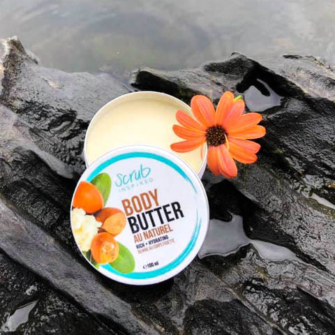 Raw and unrefined shea butter for dry skin on body and feet.