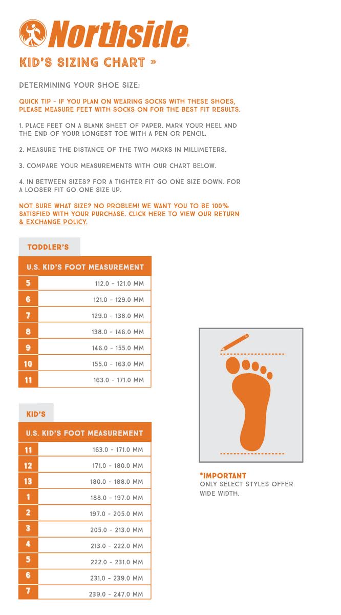 kids sandals size chart