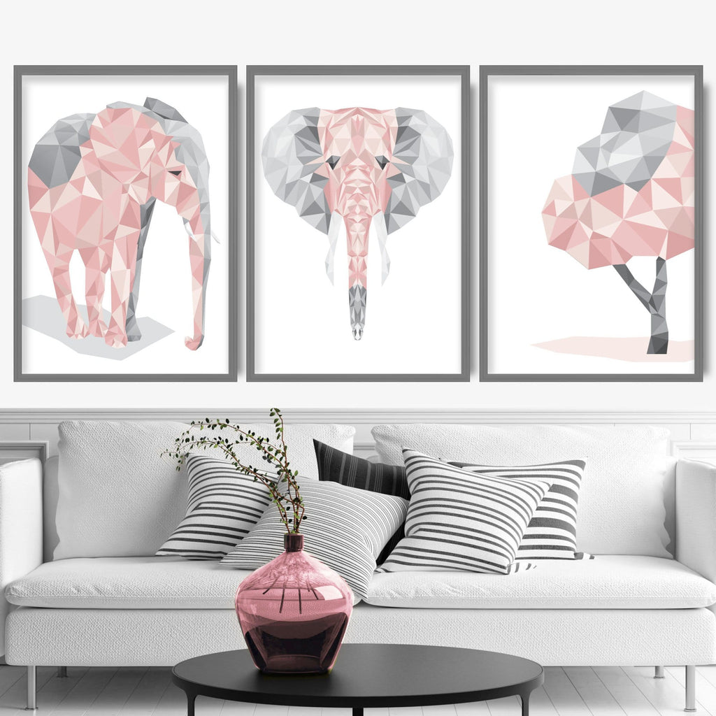 Geometric Set Of 3 Blush Pink Elephant Art Prints Artze