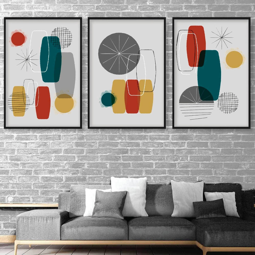 Mid Century Modern Abstract Geometric Set Of 3 Prints Artze Wall Art