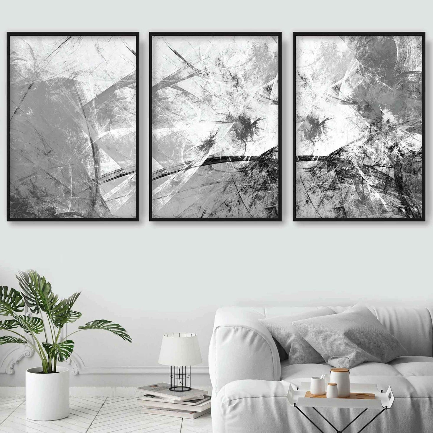 Set of 3 Abstract Art Prints of Paintings Black White Grey Wall Art Pr