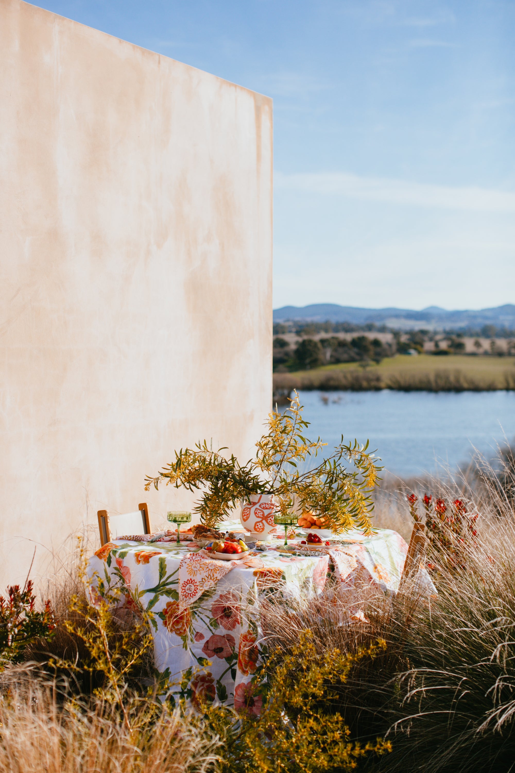 jumbled x bonnie and neil collaboration - here comes the sun - tablecloths, napkins, linen cushions, hand painted vases