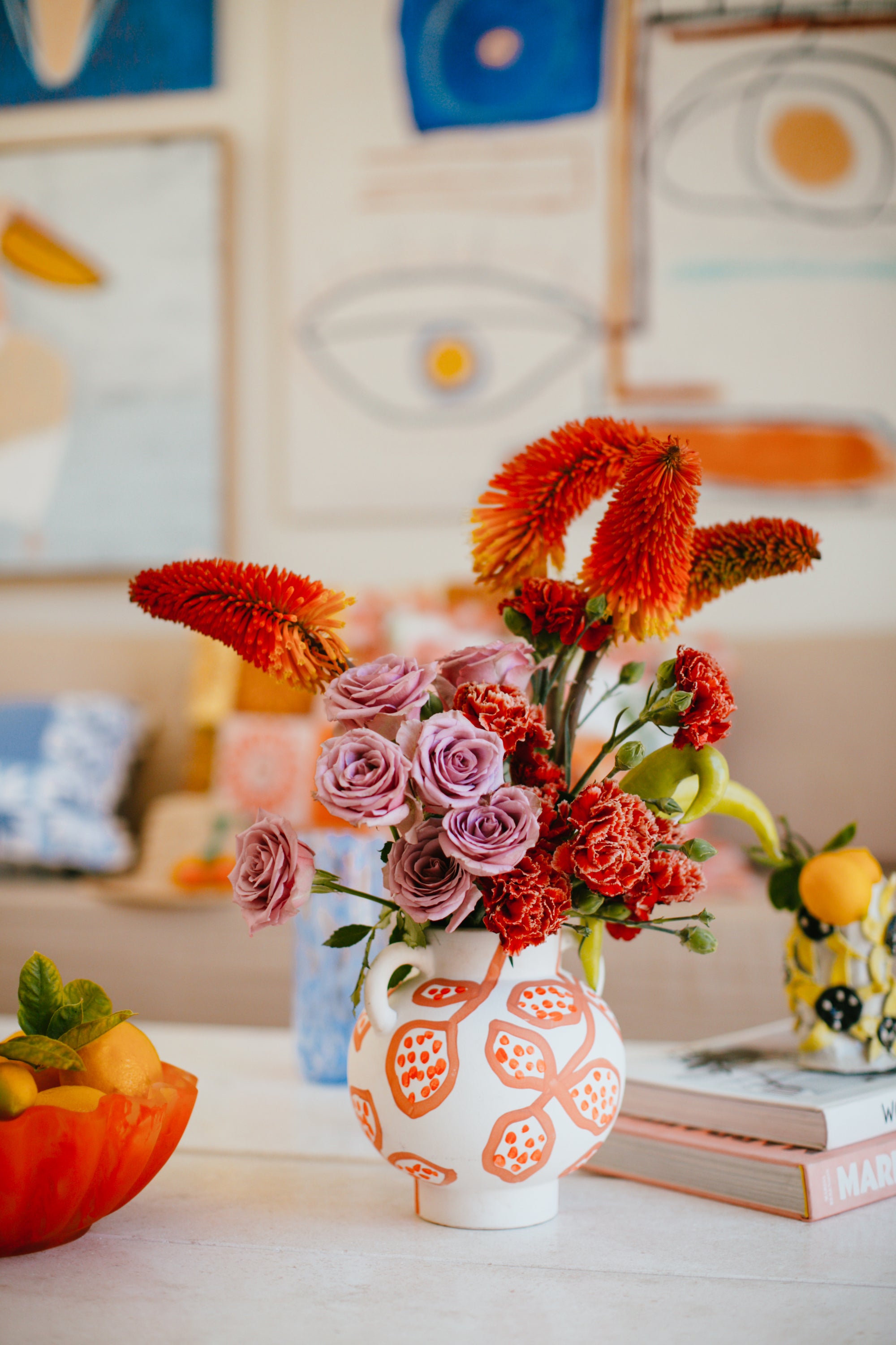 Hand painted by Bonnie, these short round vases are THE BEST EVER! They look fantastic on their own, but they're the perfect size for a bunch of flowers! It's the vase we're always reaching for, so we've created in for you in 3 summery fresh colourways!