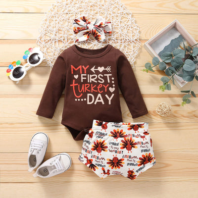 3PCS My First Turkey Day Letter Thanksgiving Printed Baby Set