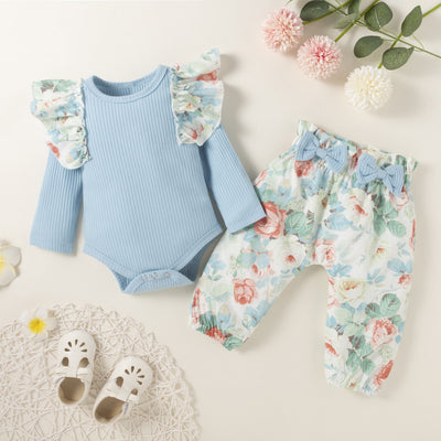 2PCS Lovely Solid Color Floral Printed Baby Set