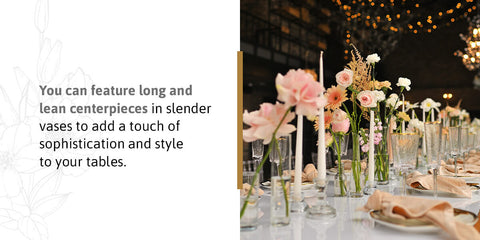 Long and lean wedding flower centerpieces featured on a table