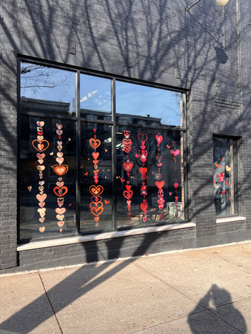 The hearts display from the Love, Easton Initiative on Element's front windows at their new location in Easton, PA.