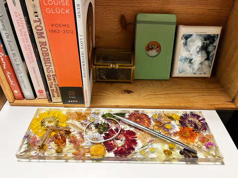 A resin display tray styled in the home