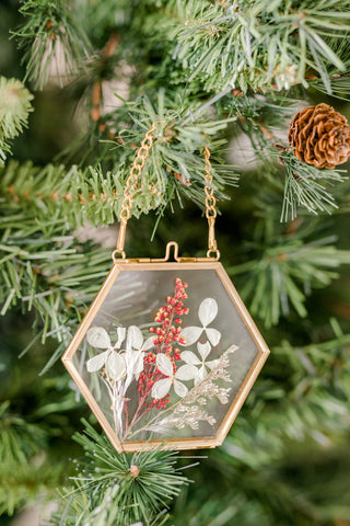 Pressed flower ornament hanging on a Christmas tree.