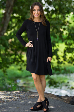 The Perfect Piko Long Sleeve Swing Dress-Black